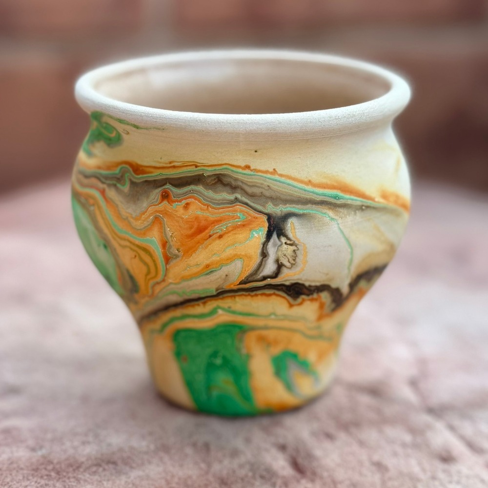 Vintage Nemadji Pottery Vase Green Orange Swirl Marbled Clay Collectible 4x4 in.